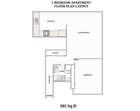 Floor plan for 1 bed, 1 bath, 528 sqft